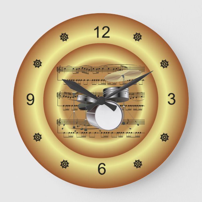 Drum Set ~ Sheet Music ~ Gold Background ~ Large Clock (Front)