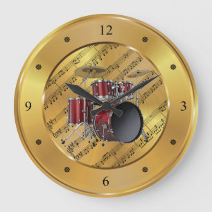 Drum Set ~ Sheet Music ~ Gold Background ~ Unique Large Clock