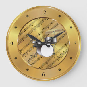 Drum Set ~ Sheet Music ~ Gold Background ~ Unique Large Clock