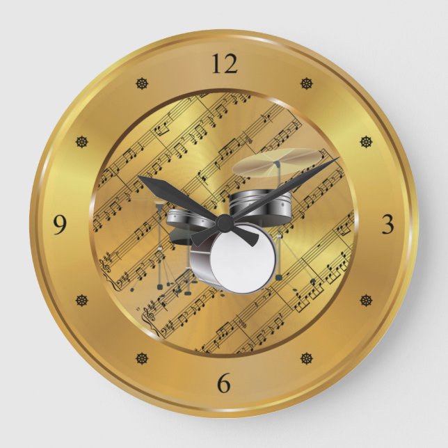 Drum Set ~ Sheet Music ~ Gold Background ~ Unique Large Clock (Front)