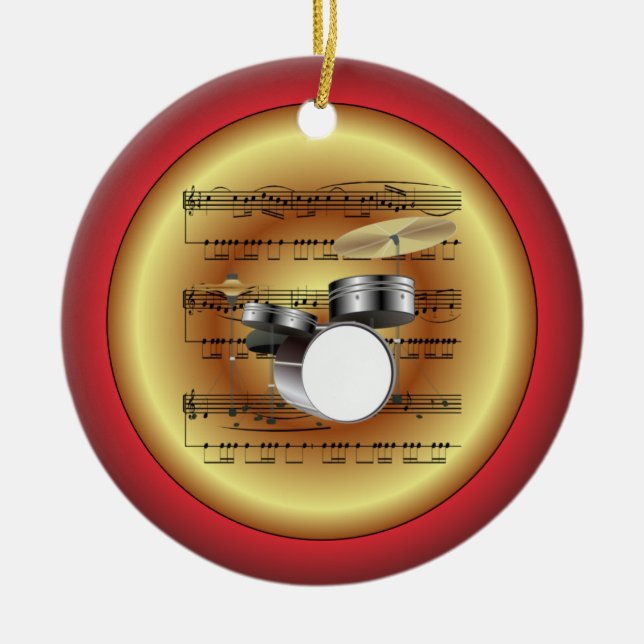 Drum Set~Sheet Music~Red/Green/Gold~Christmas~ Ceramic Tree Decoration (Front)