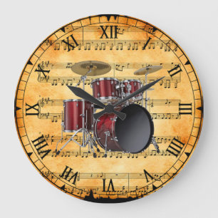 Drum Set ~ Vintage Sheet Music Background ~ Unique Large Clock