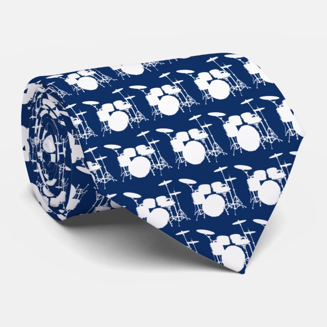 Drum Set White Silhouette Pattern Necktie (Rolled)
