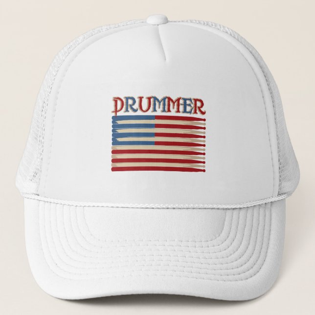 Drum Stick USA Flag Drummer Tees and Gifts Trucker Hat (Front)