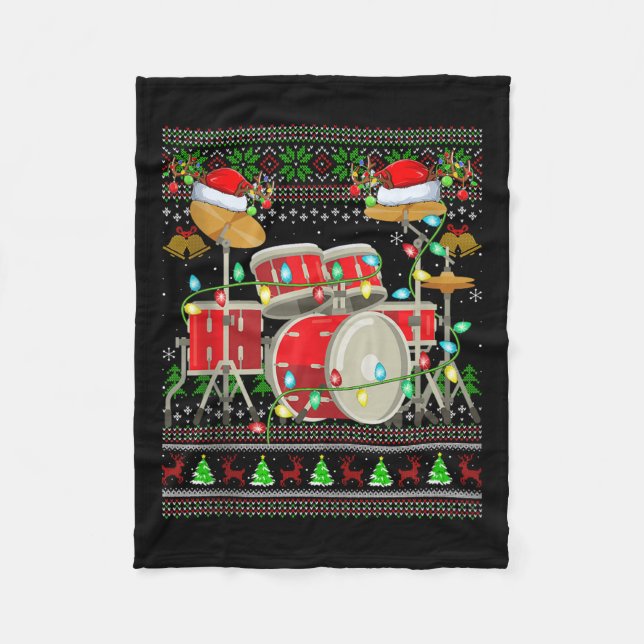 Drum Ugly Christmas Sweater Musical Drum Player Dr Fleece Blanket (Front)