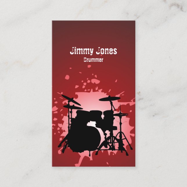 Drumkit Silhouette Splatter Red Business Card (Front)