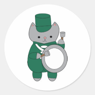 Drummer Bass Marching Band Cat Green White Classic Round Sticker