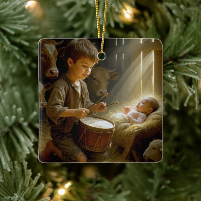Drummer Boy Playing His Drum For Baby Jesus Ceramic Ornament (Tree)