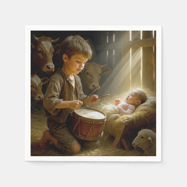 Drummer Boy Playing His Drum For Baby Jesus Napkin (Front)