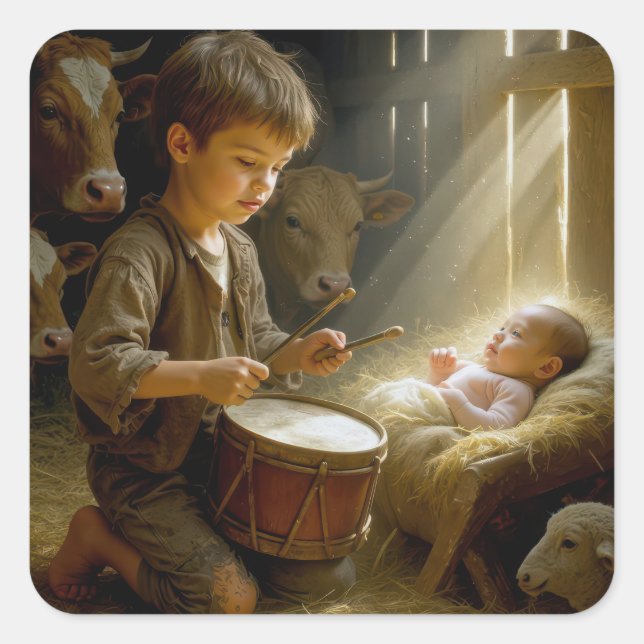 Drummer Boy Playing His Drum For Baby Jesus Square Sticker (Front)