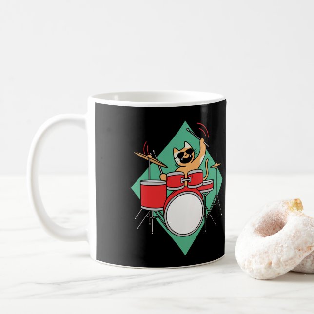 Drummer Cat  Drummer Musician Drumsticks Coffee Mug (With Donut)