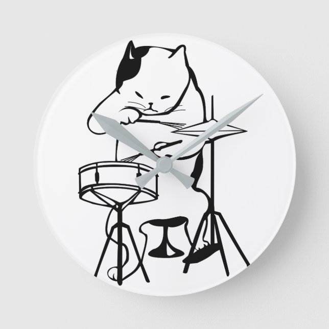 Drummer Cat Drums Musician Rock Jazz Funny Cute Round Clock (Front)