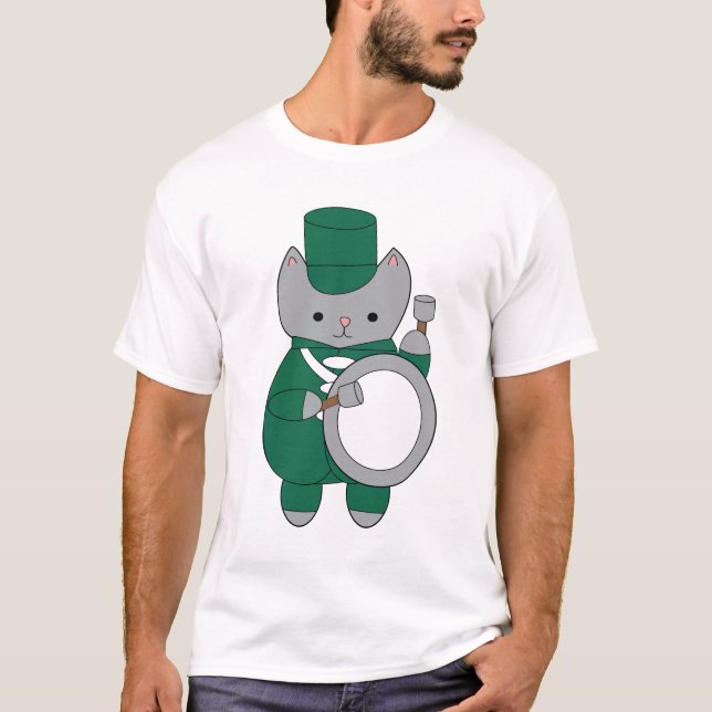 Drummer Cat Marching Band Green White Music T-Shirt (Front)