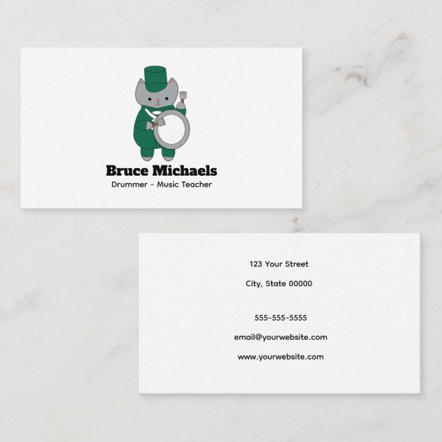 Drummer Cat Marching Band Green White Personalise Business Card (Front/Back)