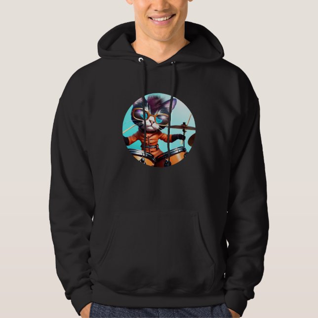 Drummer Cat with Drumset Hoodie (Front)
