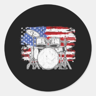 Drummer Drum Set Drums USA Flag American 4th Of Classic Round Sticker