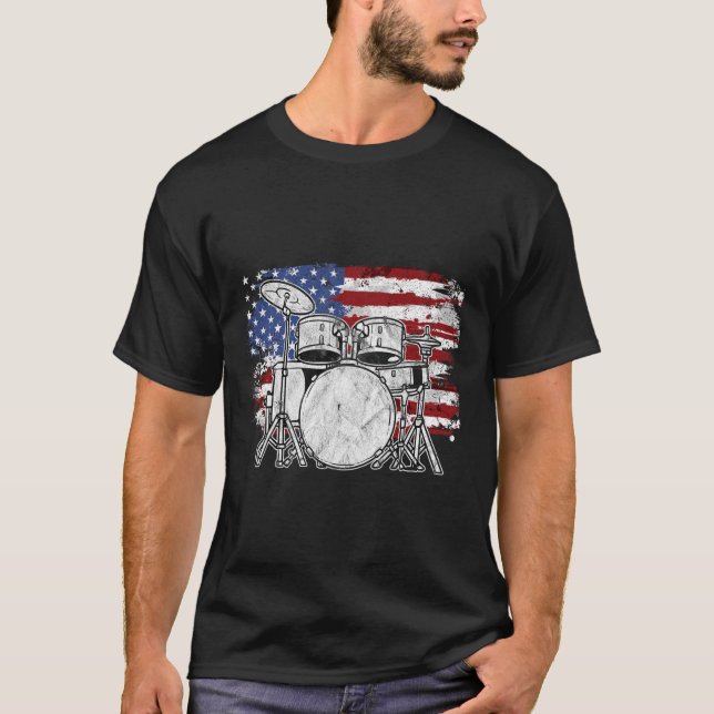Drummer Drum Set Drums USA Flag American 4th Of Ju T-Shirt (Front)