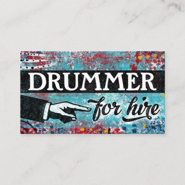Drummer For Hire Business Cards - Blue Red (Front)