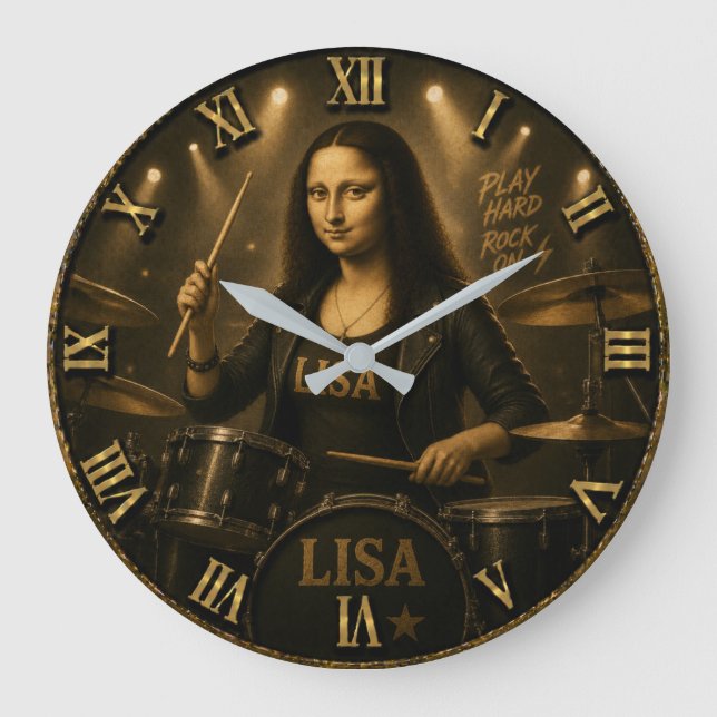 Drummer Funny Mona Lisa Rock Music  Drum Set Gift Large Clock (Front)