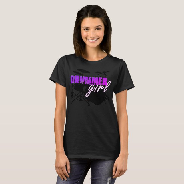 Drummer Girl Cute Purple and White Text T-Shirt (Front Full)