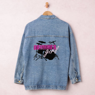 Drummer girl Cute Purple Black and Illustration Denim Jacket