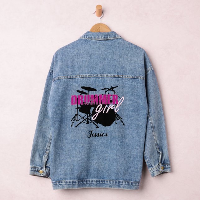 Drummer girl First Name Purple Black Illustration  Denim Jacket (Hangar)
