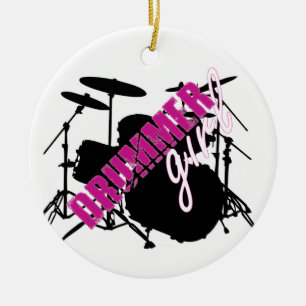 Drummer Girl with Fun Purple and Black Grunge Text Ceramic Tree Decoration