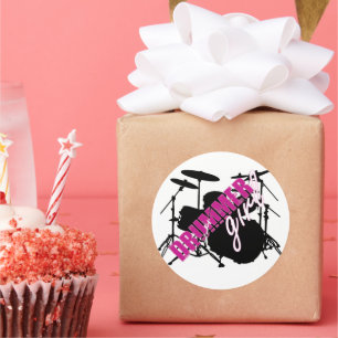 Drummer Girl with Fun Purple and Black Grunge Text Classic Round Sticker