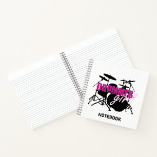 Drummer Girl with Fun Purple and Black Grunge Text Notebook