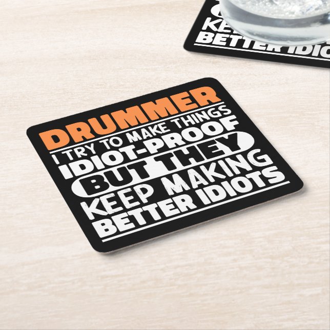 Drummer I Try To Make Things Funny Sayings Drummer Square Paper Coaster (Angled)