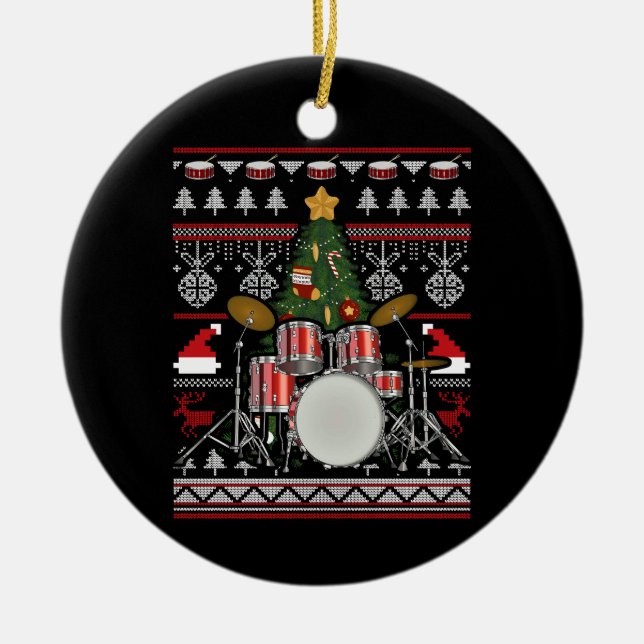 Drummer Musical Instrument Ugly Christmas Ceramic Tree Decoration (Front)