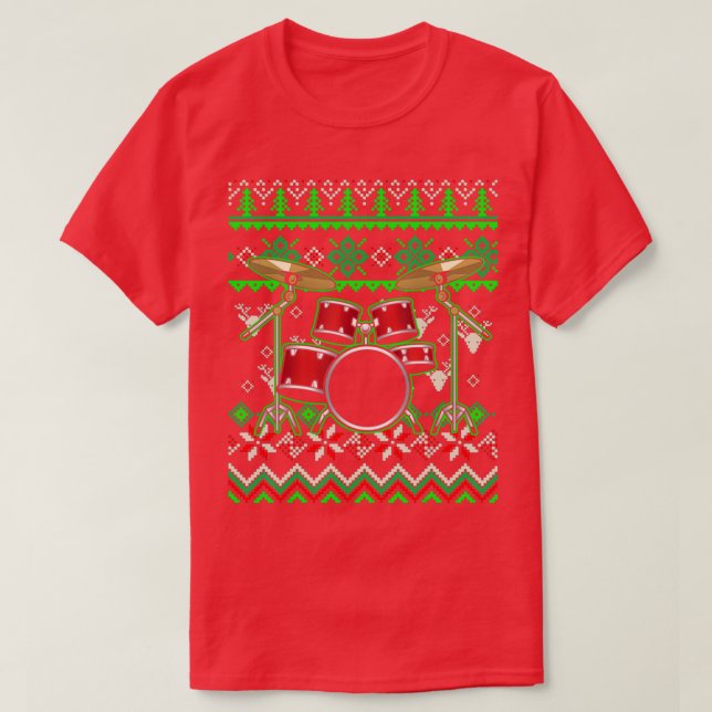 Drummer Musical Instrument Ugly Christmas  T-Shirt (Design Front)