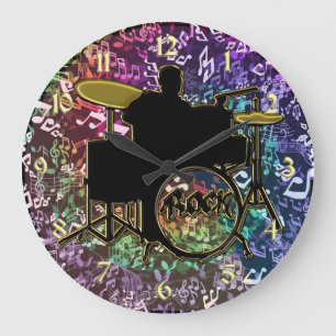 Drummer on Trap Set with Rainbow Music Notes Clock
