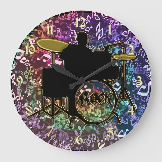 Drummer on Trap Set with Rainbow Music Notes Clock (Front)