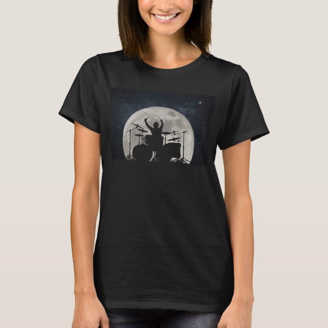 Drummer Playing Drums In Moon Space Solar System T-Shirt (Front)