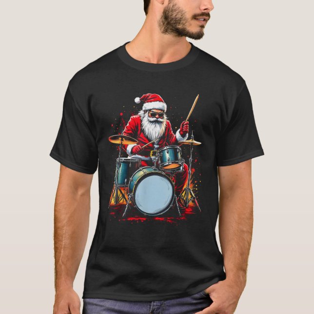 Drummer Santa Playing Drums Funny Christmas Music  T-Shirt (Front)