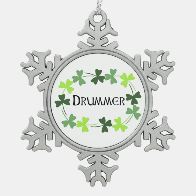 Drummer Shamrock Oval Snowflake Pewter Christmas Ornament (Front)