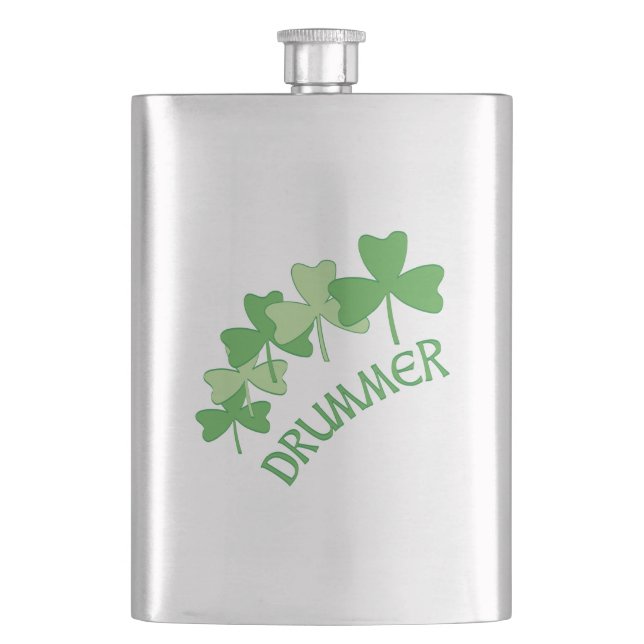 Drummer Shamrocks Outlined Green Hip Flask (Front)