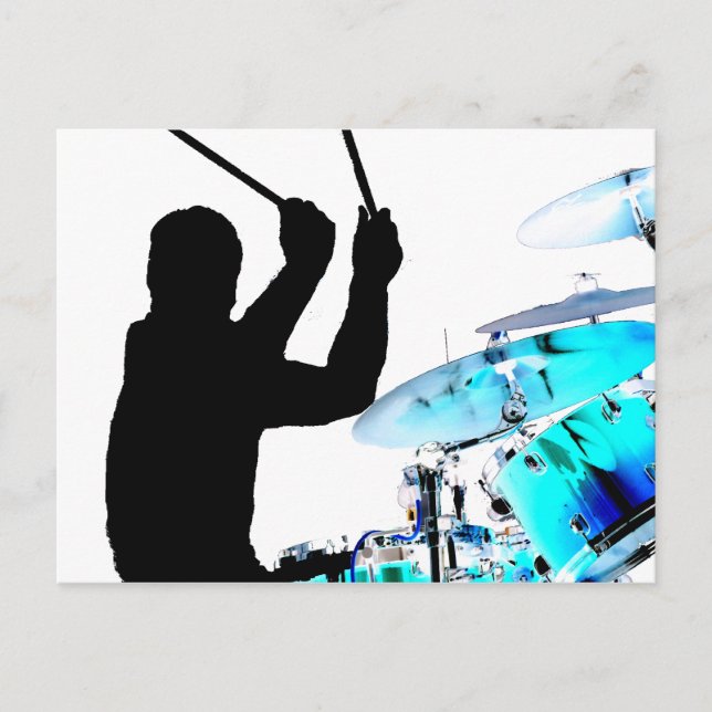 Drummer sticks in air shadow blue invert drums postcard (Front)