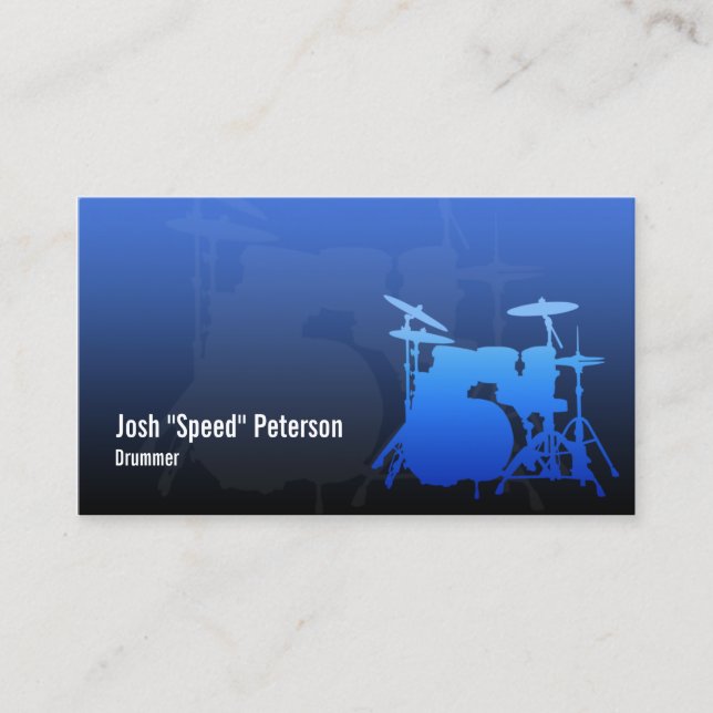 Drummer's Drum Kit Silhouette Blue Business Card (Front)