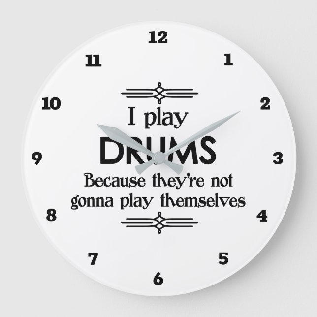 Drums - Play Itself Funny Deco Music Large Clock (Front)