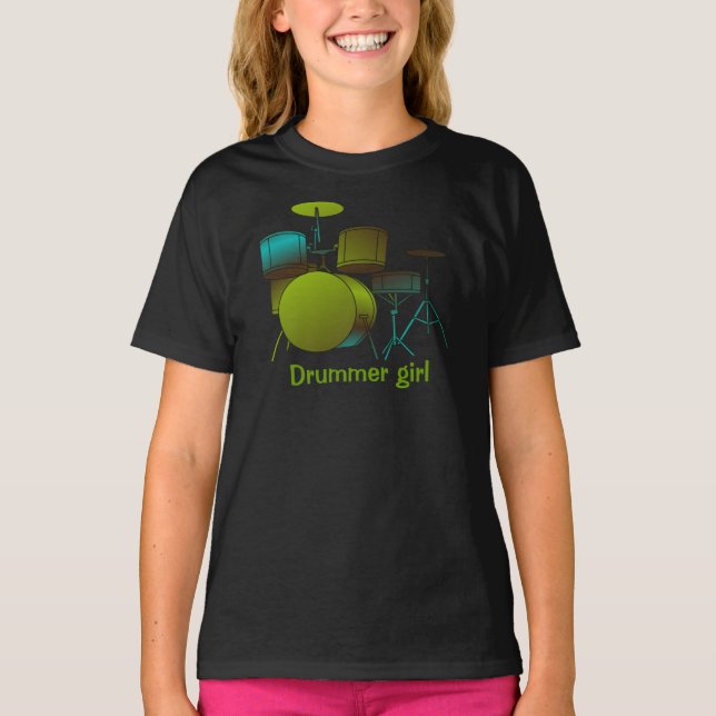 Drums T-shirt Green/blue with Text (Front)