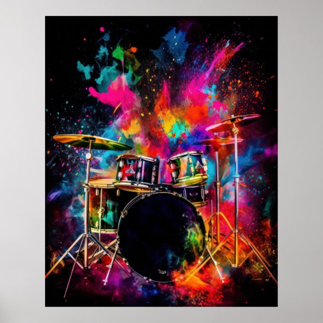 Drumset with exploding colours poster (Front)