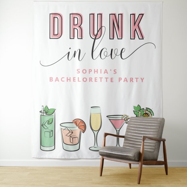 Drunk In Love Bachelorette Party Backdrop Tapestry (In Situ)