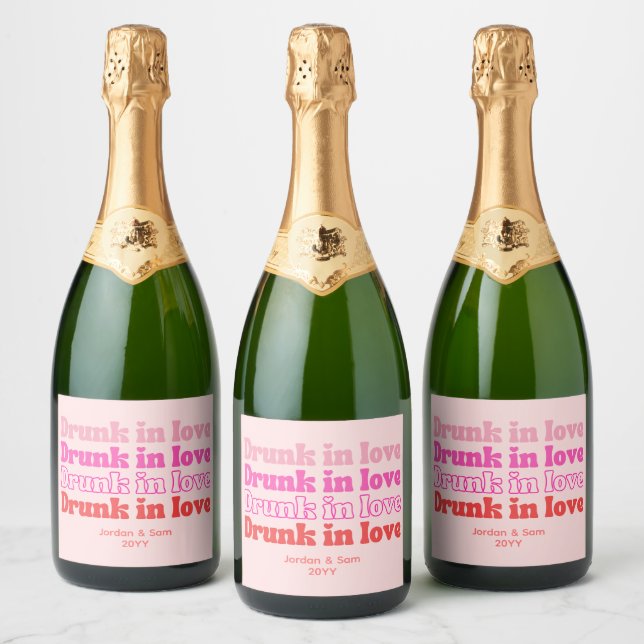 Drunk in Love Bachelorette Party Retro Pink Sparkling Wine Label (Bottles)
