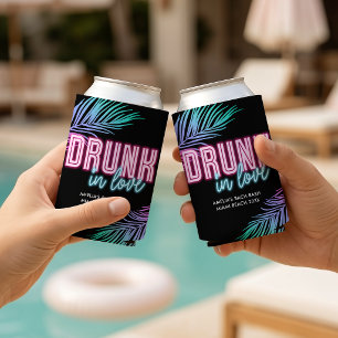 Drunk In Love Neon Blue & Pink Tropical Bach Can Cooler