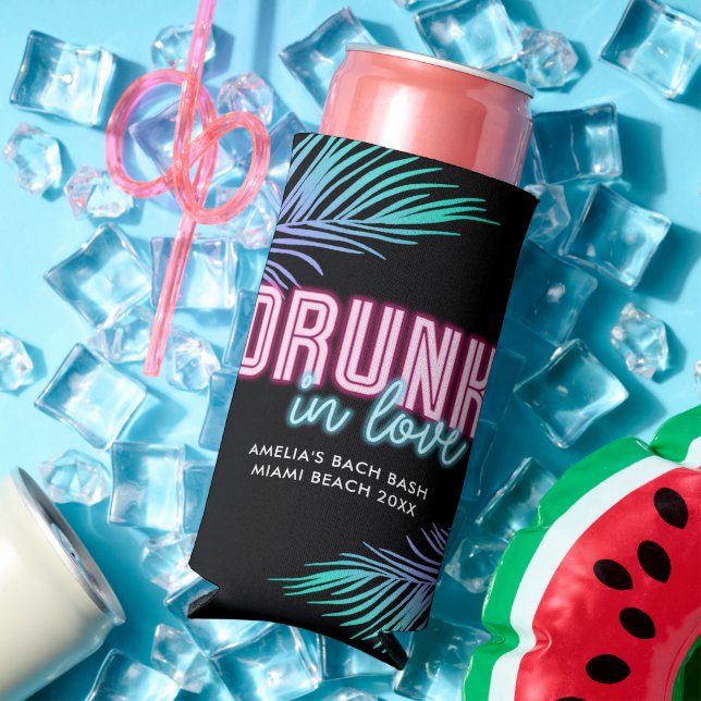 Drunk In Love Neon Blue & Pink Tropical Bach Seltzer Can Cooler (In Situ Summer)