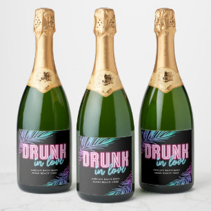 Drunk In Love Neon Blue & Pink Tropical Bach Sparkling Wine Label