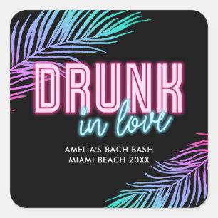 Drunk In Love Neon Blue & Pink Tropical Bach Square Sticker
