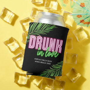 Drunk In Love Neon Green & Pink Tropical Bach Can Cooler